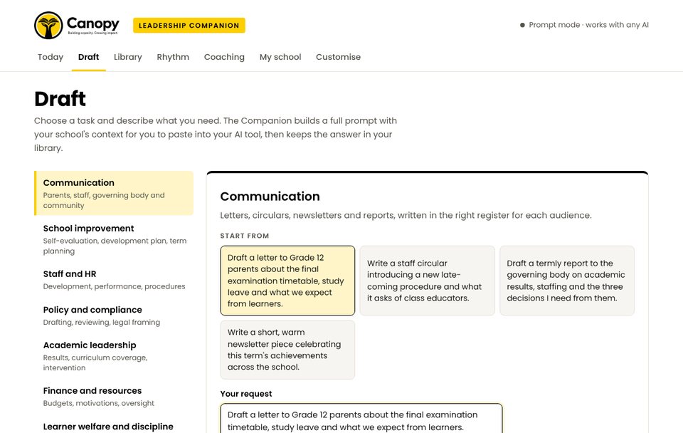 The Canopy Leadership Companion's Draft screen